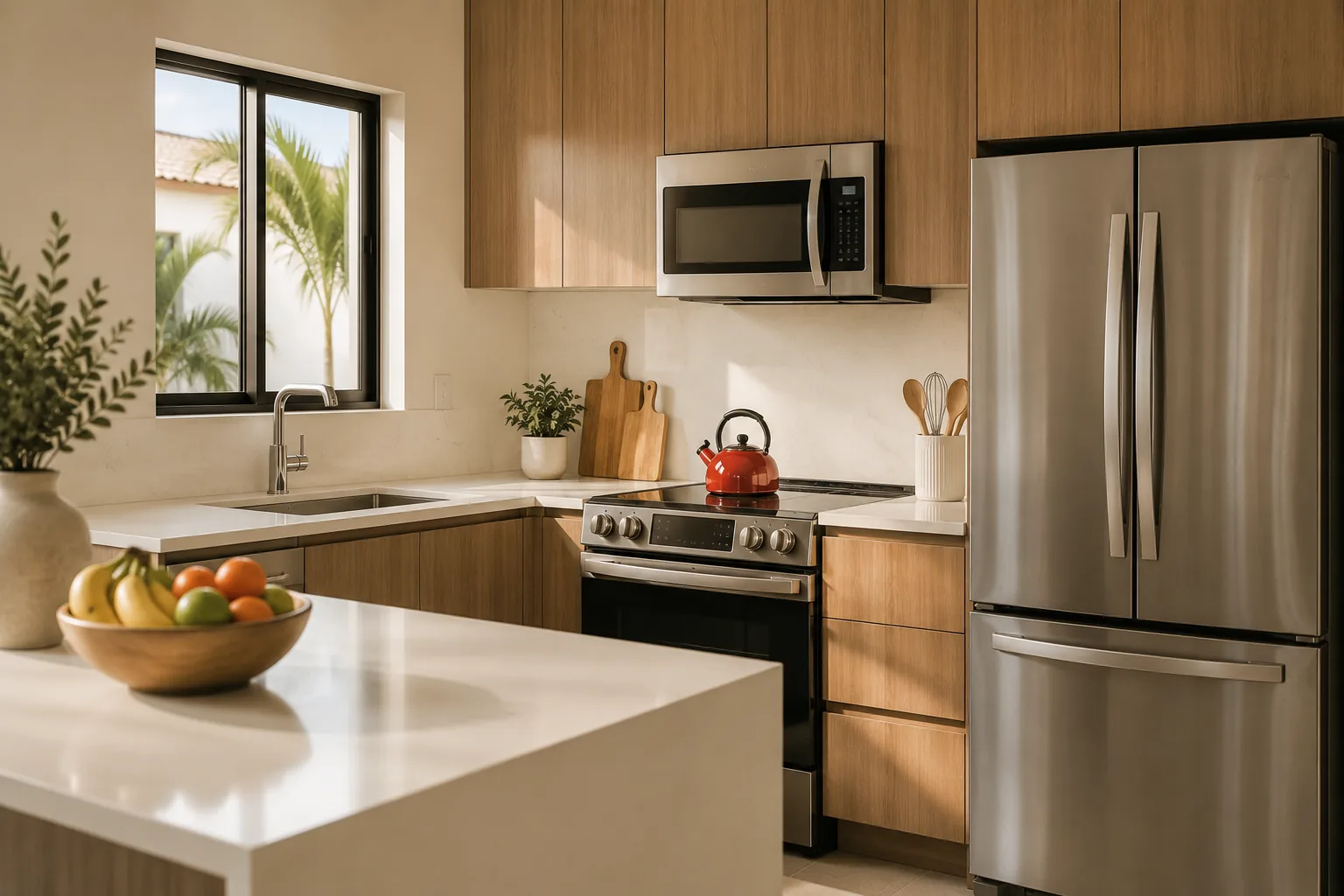 Cocina con línea blanca nueva de acero inoxidable