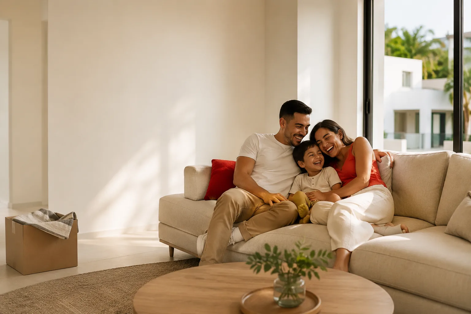 Familia estrenando la sala de su casa nueva
