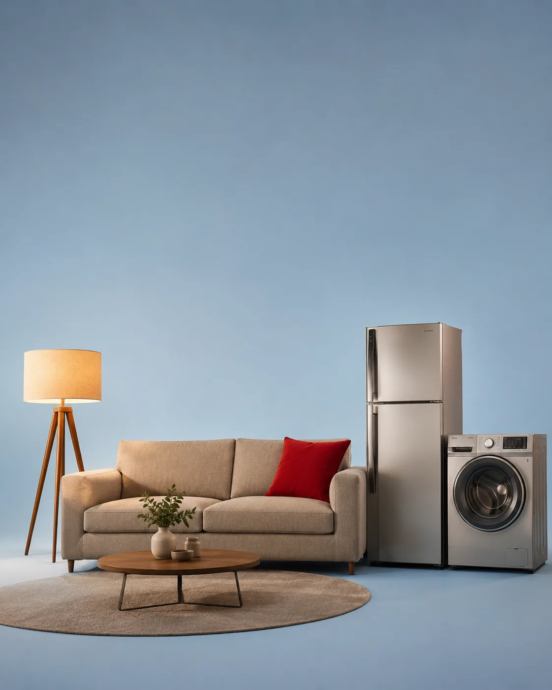 Sala equipada con sofá, nevera y lavadora nuevas